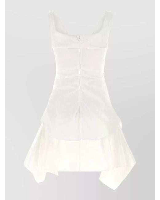 McQueen White Day Dress Sleeveless Asymmetric Hem V Neckline