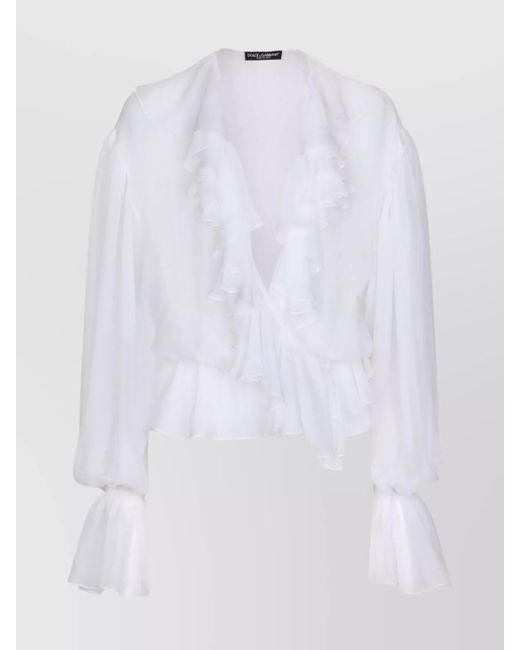 Dolce & Gabbana White Silk Ruffled V-Neck Cropped Blouse