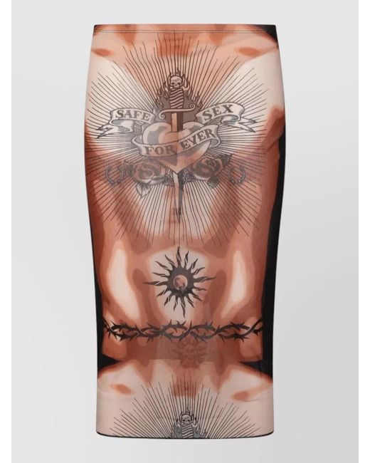 Jean Paul Gaultier Brown Mesh Tattoo-Print Midi Fitted Skirt
