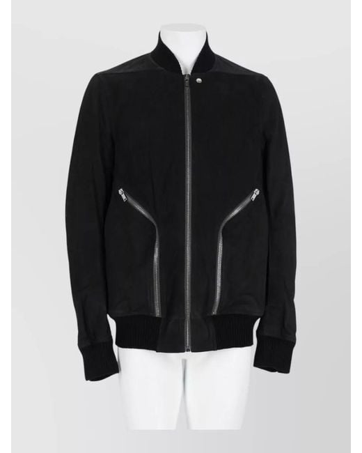 Rick Owens Black Coat Ribbed Cuffs Hem Stand Collar Pockets for men