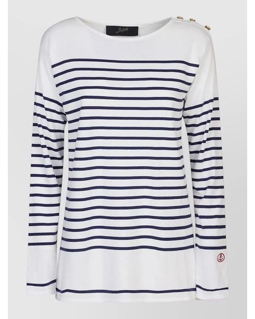 Seafarer White Cotton Crewneck Sweater Striped Button Detail