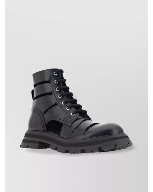 McQueen Black Leather Cutout Ankle Boots