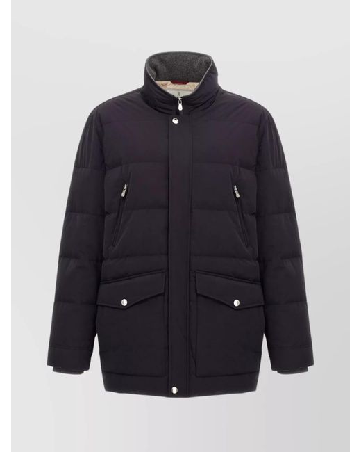 Brunello Cucinelli Blue Down Jacket With Hood And High Collar for men