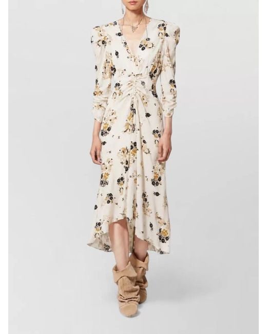 Isabel Marant Natural Floral Silk Midi Dress Ruched Waist