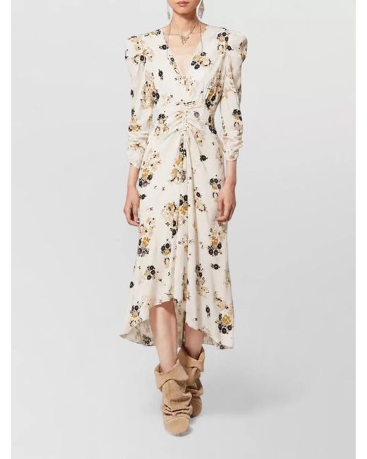 Isabel Marant Natural Silk Floral-Print Asymmetric V-Neck Midi Dress