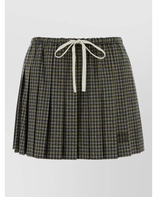 Miu Miu Black Embroidered Flannel Skirt Check Pattern