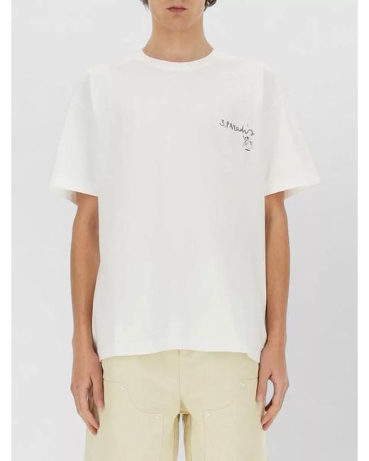 3.PARADIS White Edgar Plans Graphic Crew Neck T Shirt for men