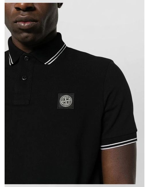 Stone Island Black Shirt Polo Collar Ribbed Cuffs Short Sleeves for men