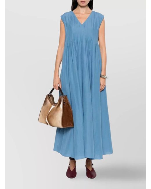 Max Mara Blue Ramie Cotton Sleeveless V-Neck Maxi Dress