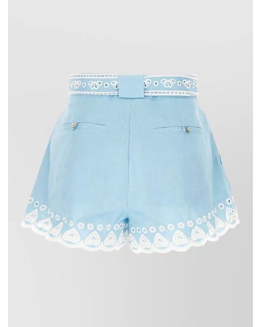 Farm Rio Blue Linen Shorts Belted Waist Floral Pattern