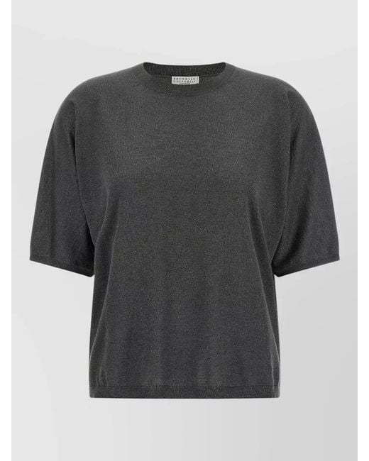 Brunello Cucinelli Gray Sparkling Lamé Short Sleeve Cashmere Sweater