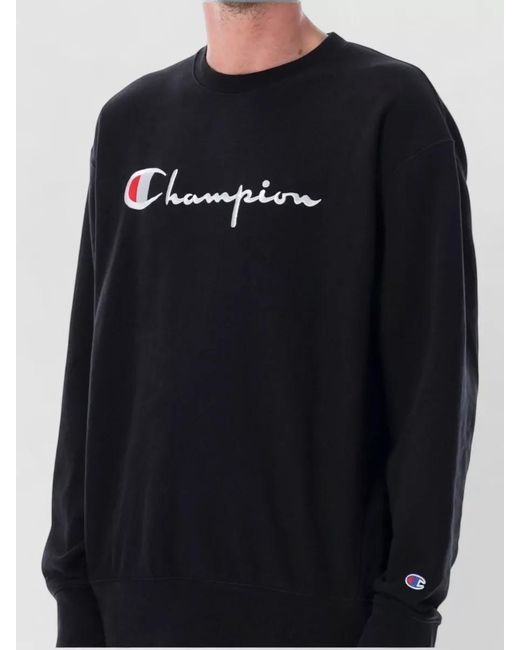 Champion Black Logo Crewneck Sweater Ribbed Cuffs Hem for men