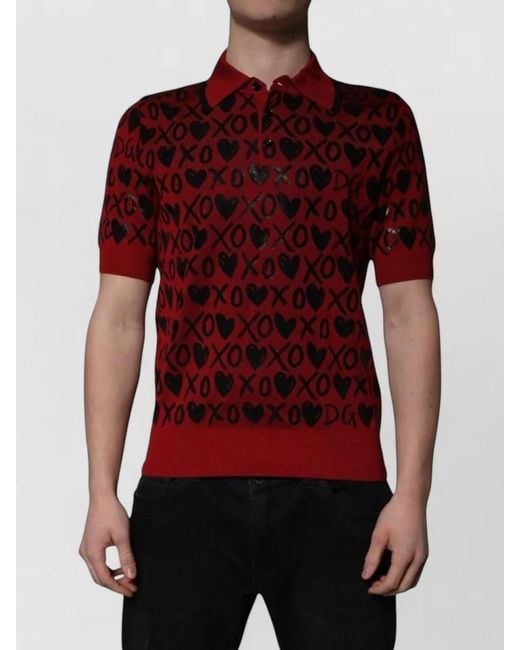 Dolce & Gabbana Red Silk Short-Sleeve Printed Polo Shirt for men