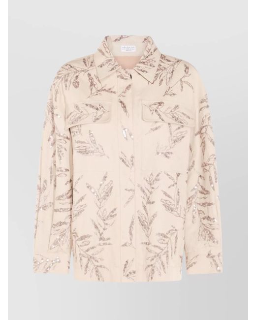 Brunello Cucinelli Natural Sequin Embellished Casual Top With Buttoned Cuffs