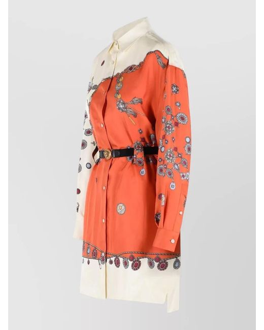 Versace Red Silk Mini Dress Belted Collar Long Sleeves