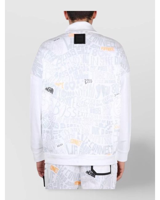 Boss White Cotton High Neck Zip Sweatshirt for men