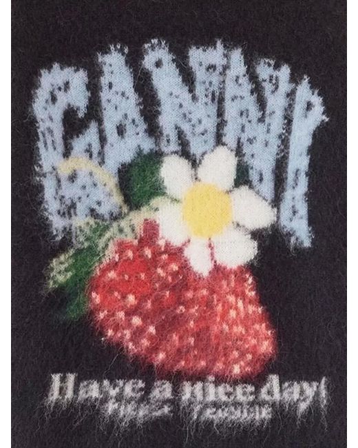 Ganni Black Knit Top Short Sleeves Graphic Print