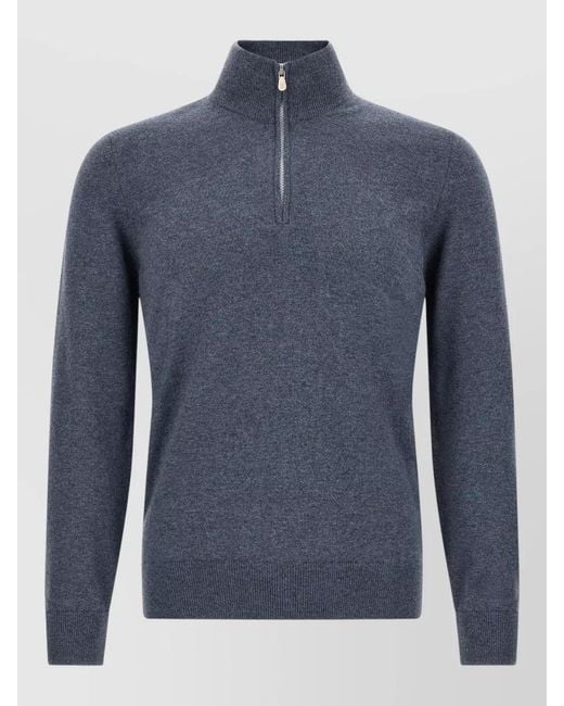 Brunello Cucinelli Blue Cashmere Ribbed High Neck Half Zip Sweater for men