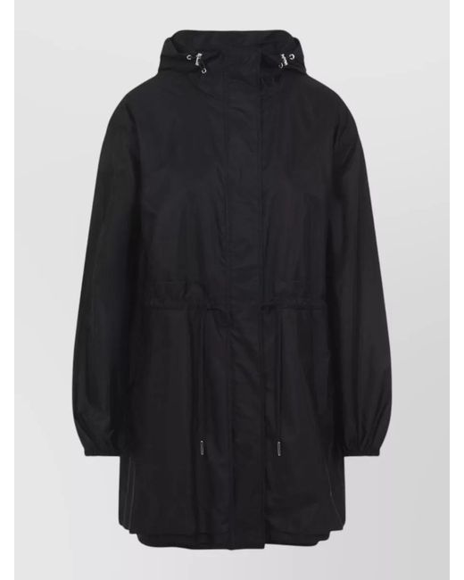 Moncler Blue Long Hooded Coat Elastic Cuffs Drawstring Waist
