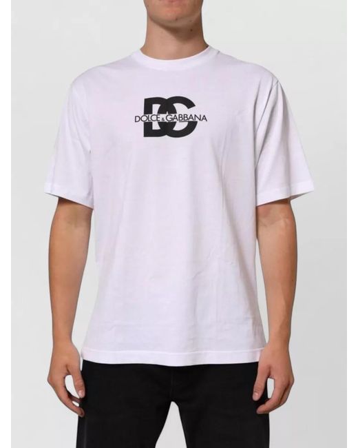Dolce & Gabbana White Logo Print Cotton Crew Neck T Shirt for men