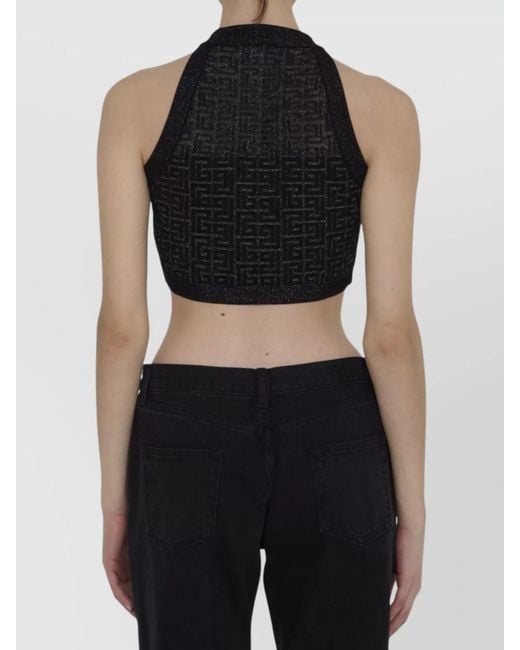 Balmain Black Labyrinth Ribbed Crop Top