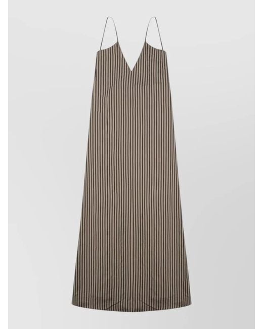 Alysi Brown Striped Long Dress Adjustable Straps V Neckline