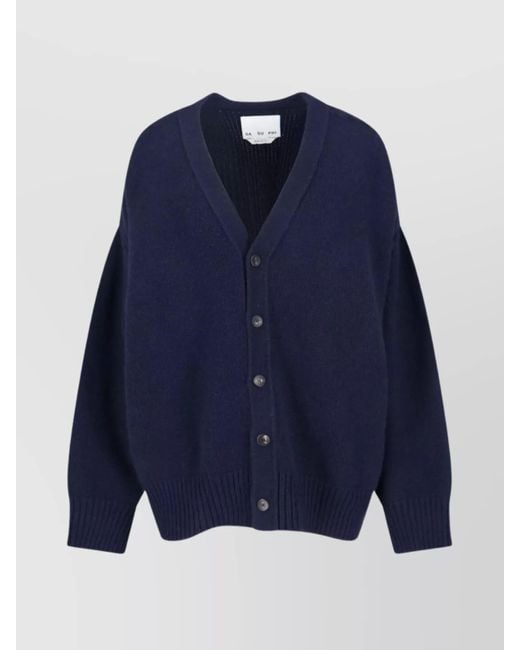 Sa Su Phi Blue V-Neck Sweater With Ribbed Cuffs And Cable Knit