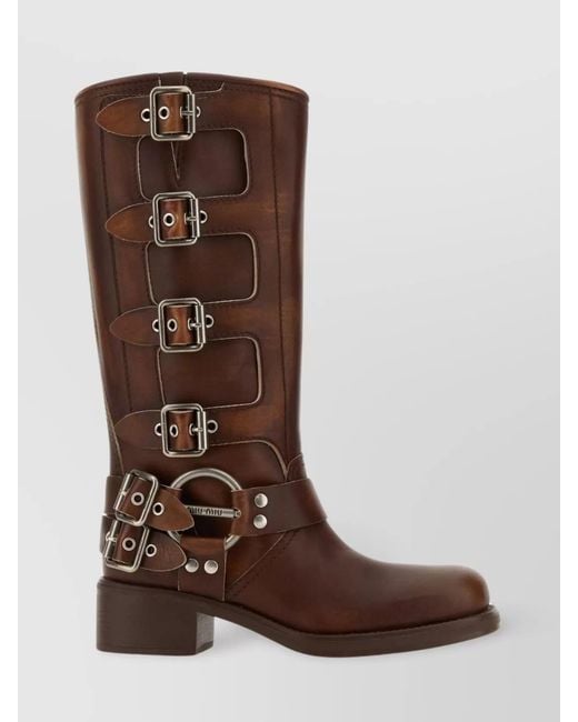 Miu Miu Brown Leather Block Heel Mid-Calf Boots