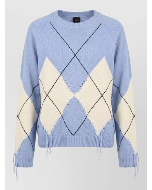 Pinko Blue Crew Neck Argyle Knit Long Sleeve Top