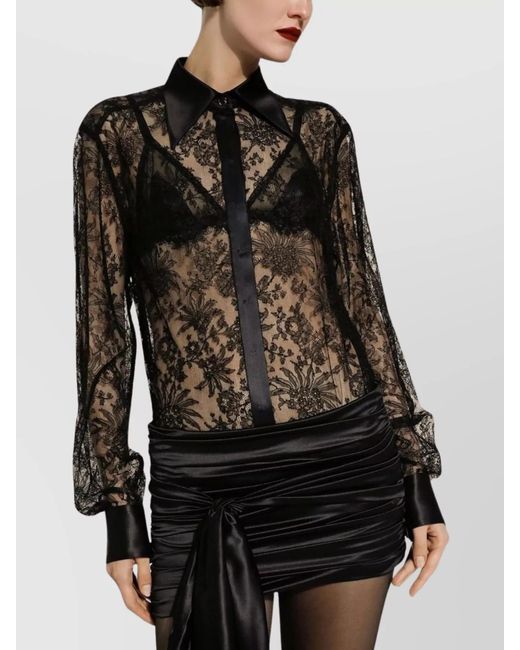 Dolce & Gabbana Black Silk Floral Lace Long-Sleeve Shirt