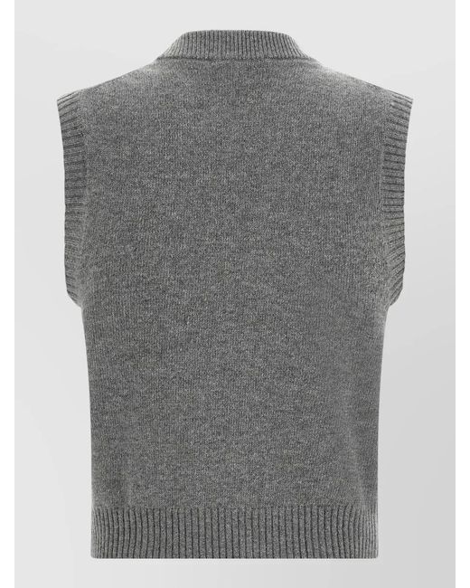 Ganni Gray Knit Top Crew Neck Graphic Print