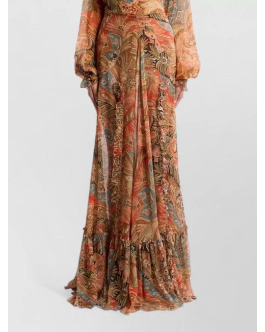 Etro Brown Long Silk Skirt Paisley Pattern Ruffles