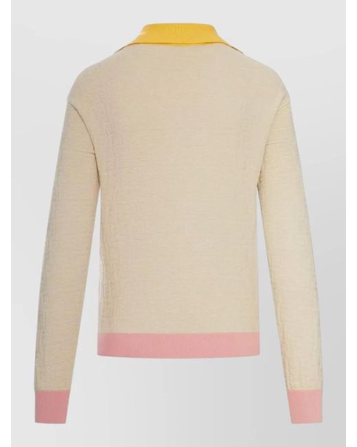 Fendi Natural Knitwear Long Sleeves V Neck Contrasting Collar