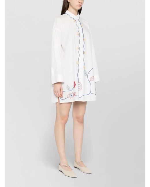 Forte_forte White Cotton Shirt Dress Tailored Collar Floral Embroidery
