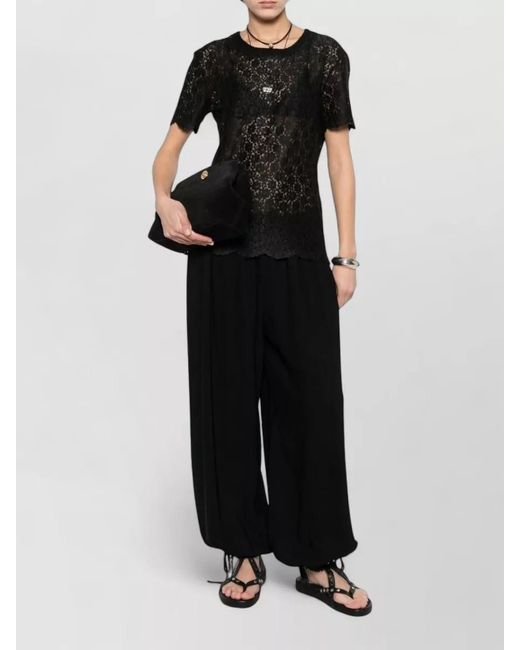 Ermanno Scervino Black Embroidered Lace Trim Short-Sleeve Top