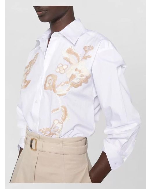 ERMANNO FIRENZE White Floral Embroidery Shirt Relaxed Fit Curved Hem