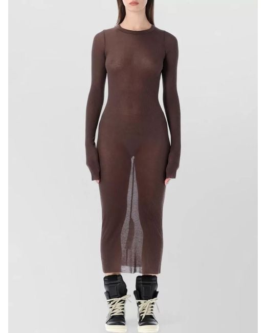 Rick Owens Brown Silk Ribbed Long-Sleeve Midi Dress