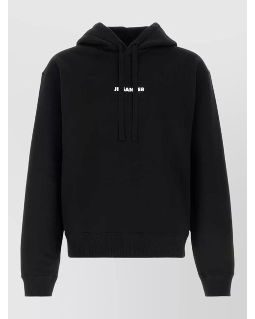 Jil Sander Black Cotton Hooded Sweatshirt Ribbed Cuffs Hem for men