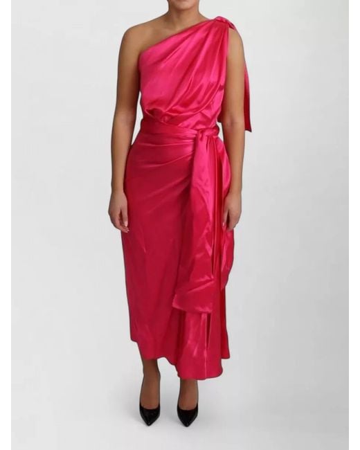 Dolce & Gabbana Red One Shoulder Silk Satin Midi Dress