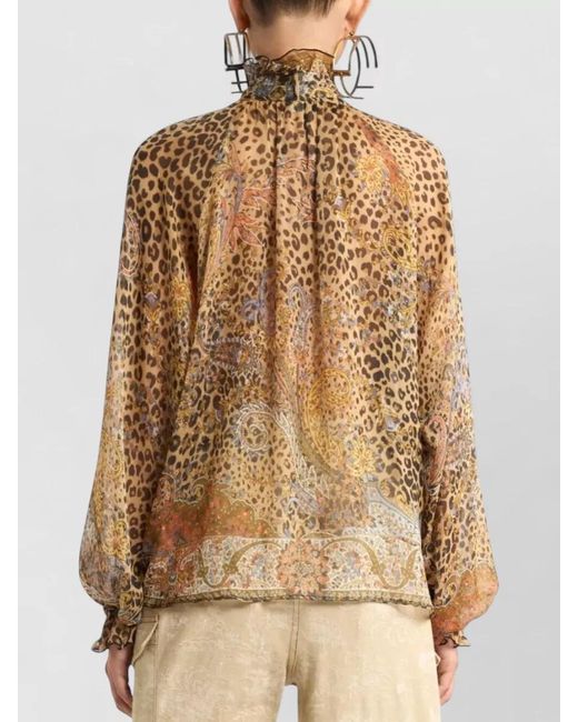 Etro Brown Silk Chiffon Paisley Animal-Print Blouse