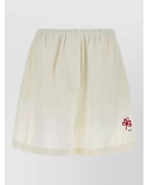 Prada Natural Linen Shorts Elastic Waistband Relaxed Silhouette