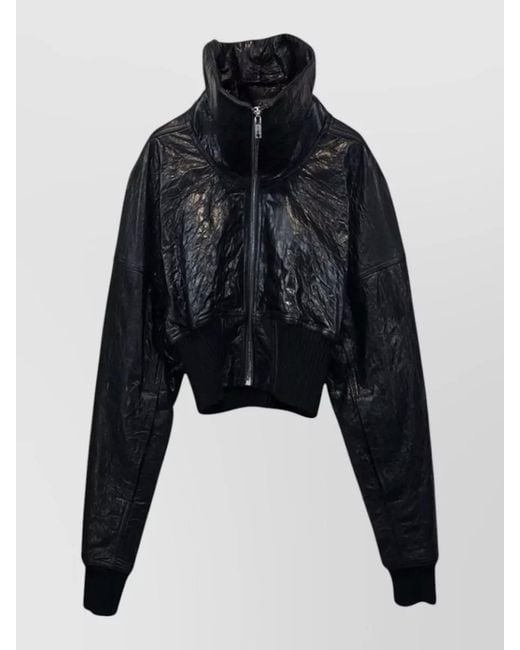 Rick Owens Blue Cropped Leather Bomber Jacket Padded Collar