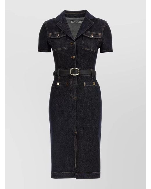 Self-Portrait Black Denim Belted Midi Dress