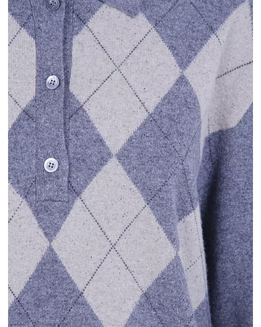 Rohe Blue Argyle Knit Polo Shirt Collared Ribbed Trims