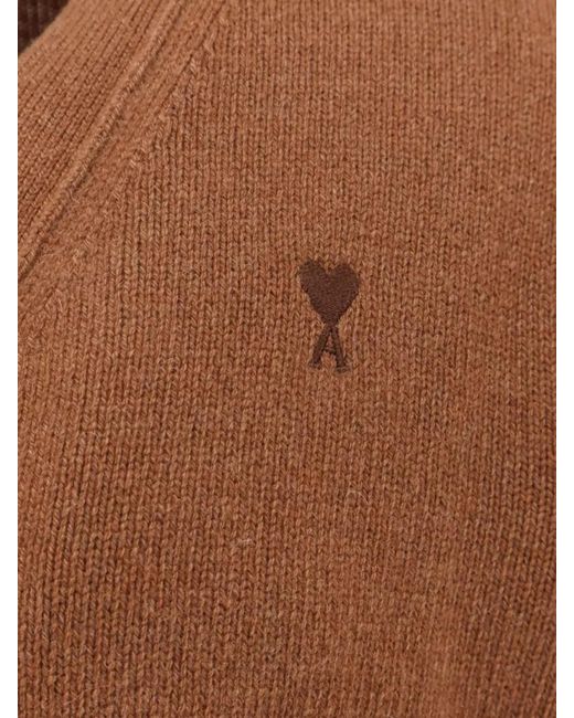 AMI Brown Cashmere V-Neck Logo-Embroidered Cardigan for men