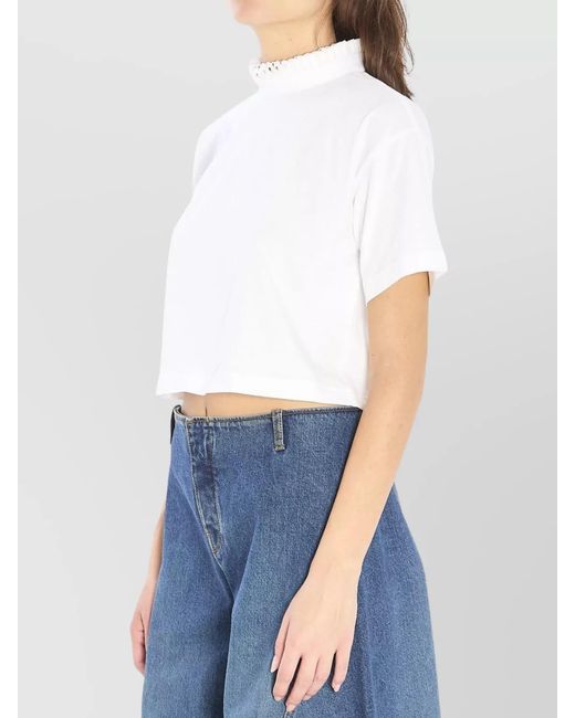 Alaïa White Cotton Cropped High-Neck Short-Sleeve T-Shirt