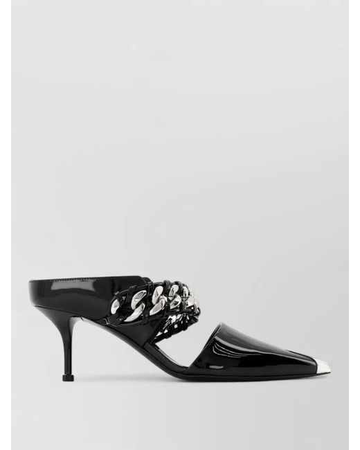 McQueen Black Leather Sandals Chain Detail Mid Heel
