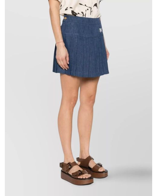 Palm Angels Blue Linen Logo-Embroidered Pleated Miniskirt