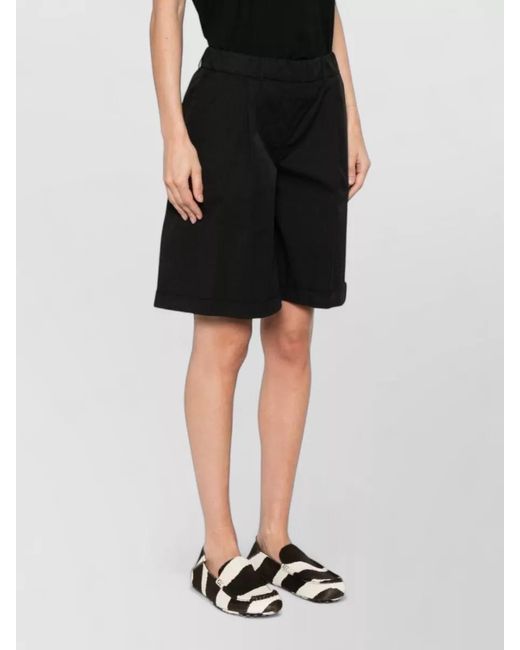 Via Masini 80 Black Bermuda Shorts Elastic Waistband Pockets Pleats Hem