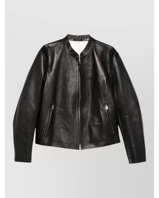 Tom Ford Black Leather Biker Jacket Mandarin Collar Zip Pockets for men